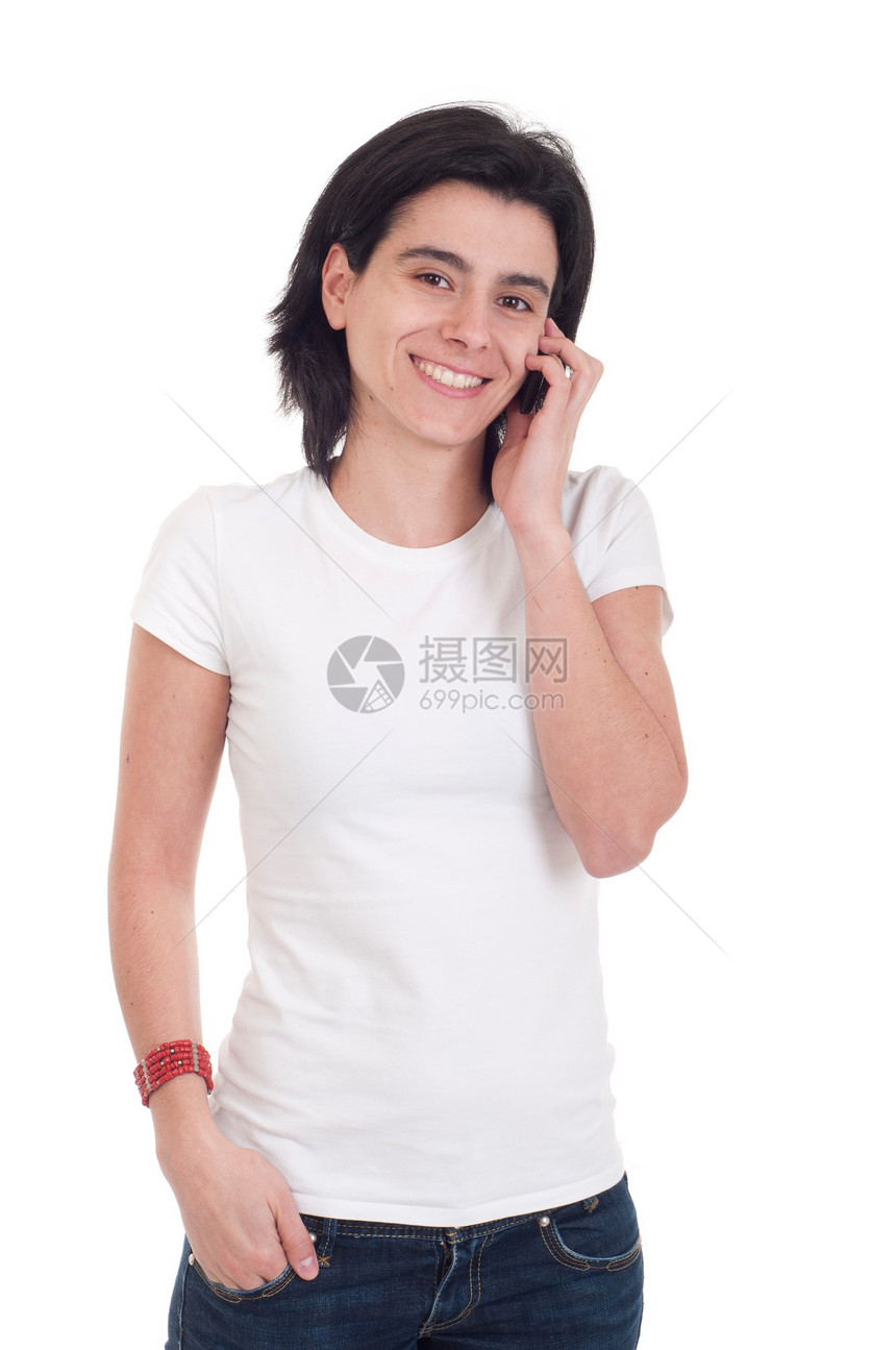 手机上的临时女人微笑成人白色讲话幸福技术手镯细胞女性青年图片