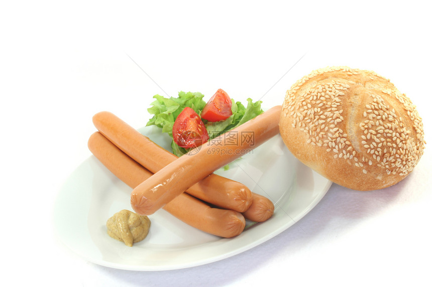 维纳香肠香菜盘子沙拉包子食物厨房芝麻饮食面包图片