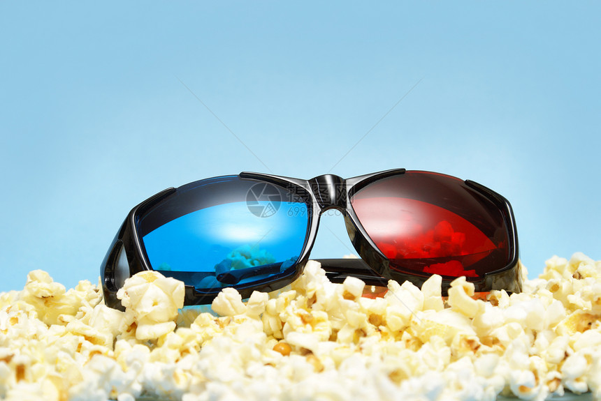 3D 玻璃小吃视频电影娱乐核心眼镜塑料青色爆米花乐趣图片
