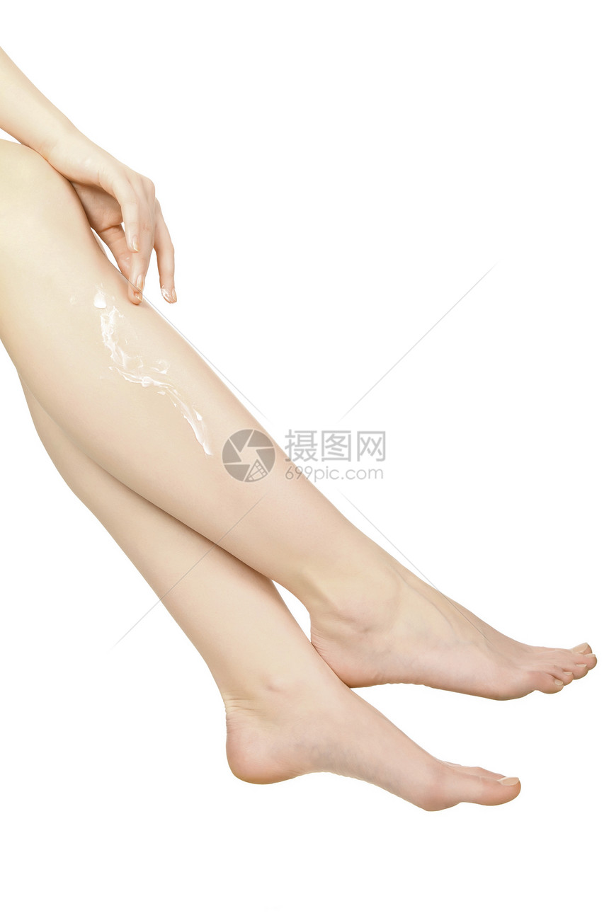 两条有润湿剂体奶油的女双腿卫生皮肤化妆品修脚赤脚凝胶美甲润肤剥皮温泉图片