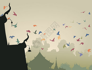 岩鸽庙鸽设计建筑物插图寺庙元素野生动物日出天际飞行宗教插画