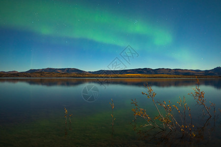 在平静的湖边 北极光和落色磁层蓝色反射月亮月光镜子天空北极星白马场地背景图片