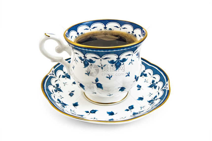 咖啡在一个蓝色的瓷杯子里图片