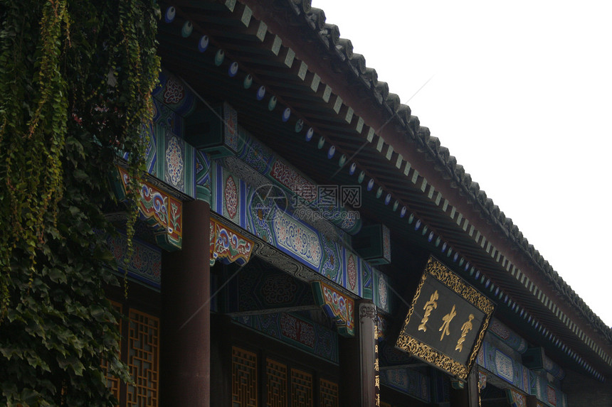 野鹅附近一栋建筑上的中国装饰品绿色寺庙黄色白色蓝色镶嵌金子青色图片