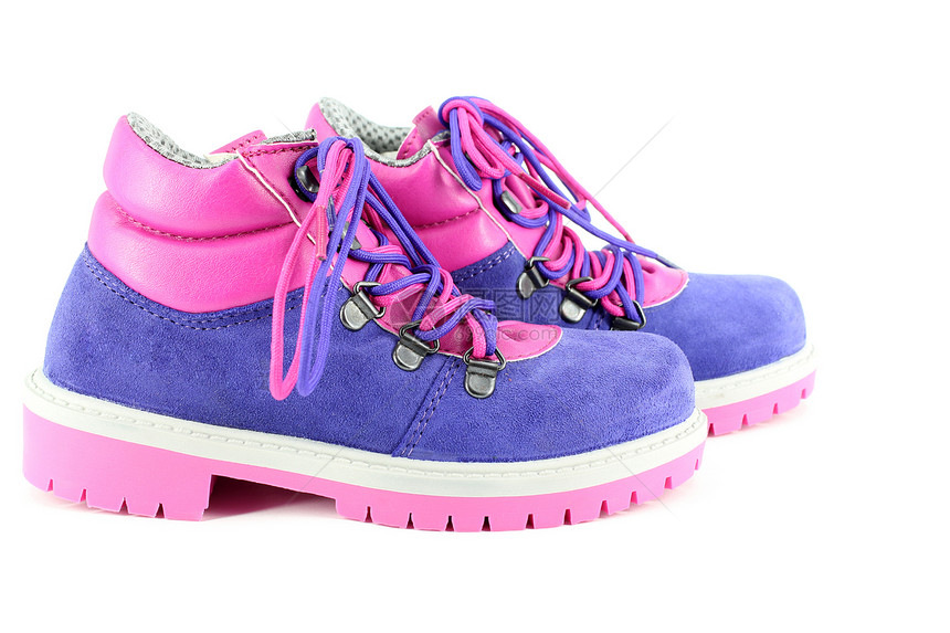 儿童徒步靴登山时尚鞋类皮革孩子们蓝色远足粉色鞋带蕾丝图片