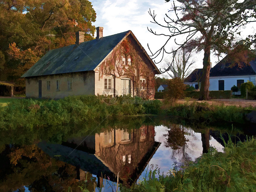 湖边数字艺术的乡村住宅假期国家叶子旅游小屋木头建筑池塘村庄镜子图片