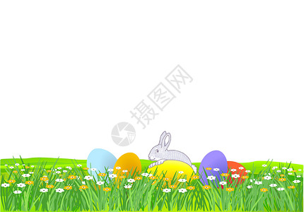 小兔子和复活节鸡蛋坐在草地上背景图片