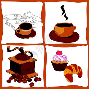 面包与咖啡豆咖啡和蛋糕羊角饼干液体插图面包棕色报纸杯子插画