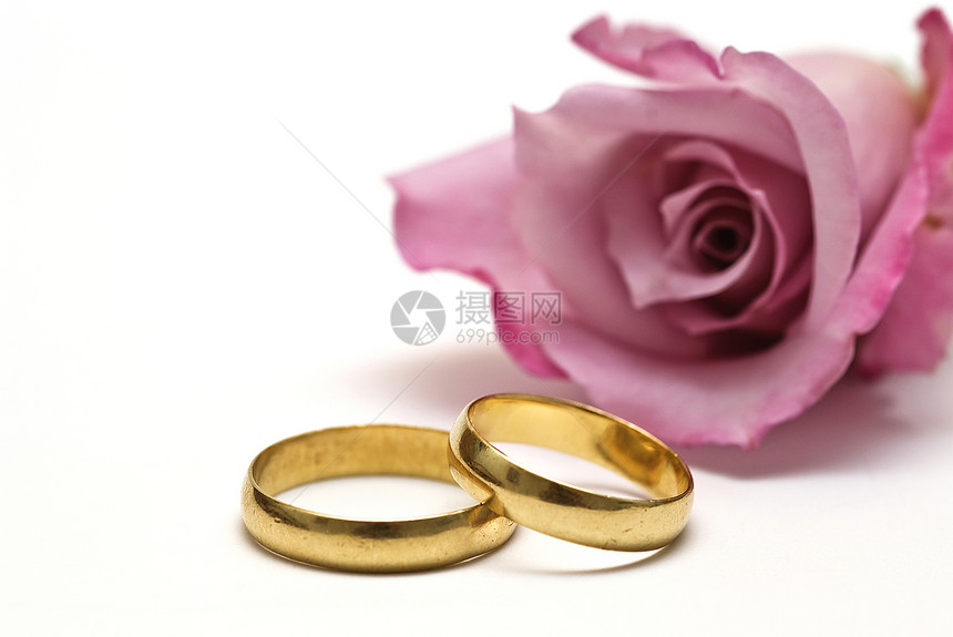粉红玫瑰和结婚戒指在白色上金子结婚戒指粉色花朵婚戒展示海关传统婚礼夫妻图片