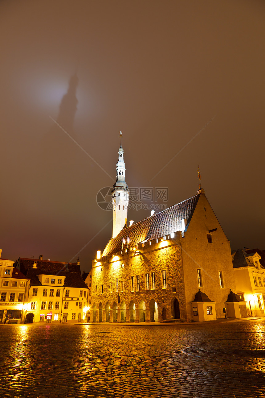 爱沙尼亚塔林市政厅在黑暗天空上播下阴影景观街道光灯尖塔天际城市首都历史尖顶大厅图片
