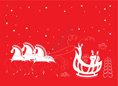 冬季插图白色邀请函美丽卡片季节夫妻雪橇夹子马匹红色背景图片