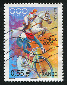 北京奥运会比赛邮戳成就自行车锦标赛运动员优胜者集邮男性胜利邮票背景图片