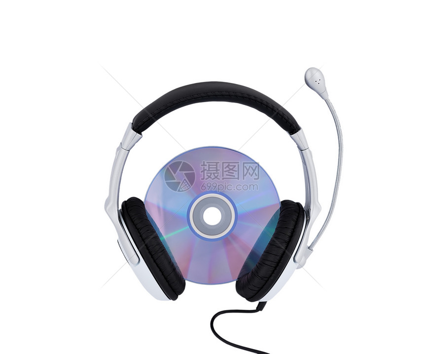 耳机和CD音乐体积麦克风电缆磁盘立体声碟片扬声器光盘商业图片