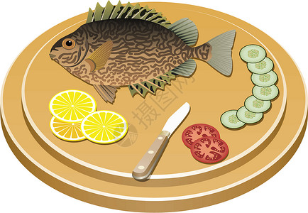 柑橘熟了船上煮熟的鱼和生蔬菜;插画