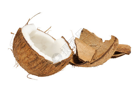 新鲜椰子和椰子壳水果棕色可可白色饮食异国热带棕榈坚果情调背景图片
