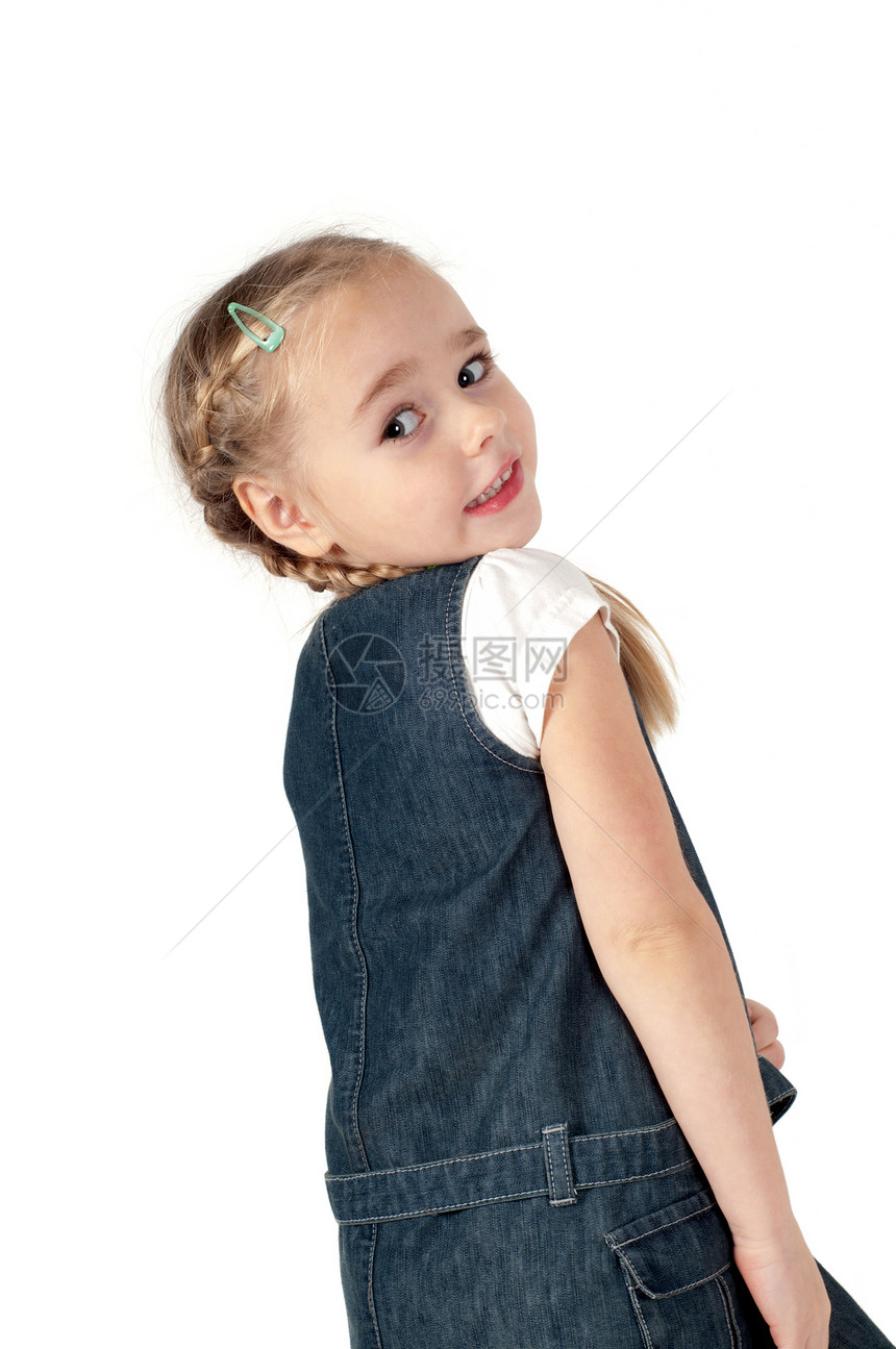 可爱女孩的肖像裙子快乐女性头发乐趣婴儿童年工作室牛仔布孩子们图片