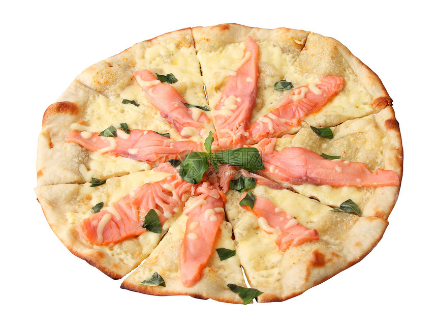 披萨和鲑鱼部门午餐圆圈圆形脆皮白色美食海鲜红色面团图片