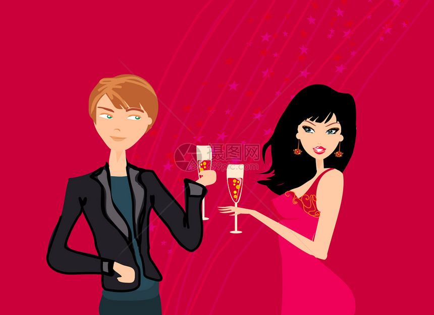 年轻夫妇调情和喝香槟餐厅窗户阴影桌子插图反射女性生活艺术夫妻图片