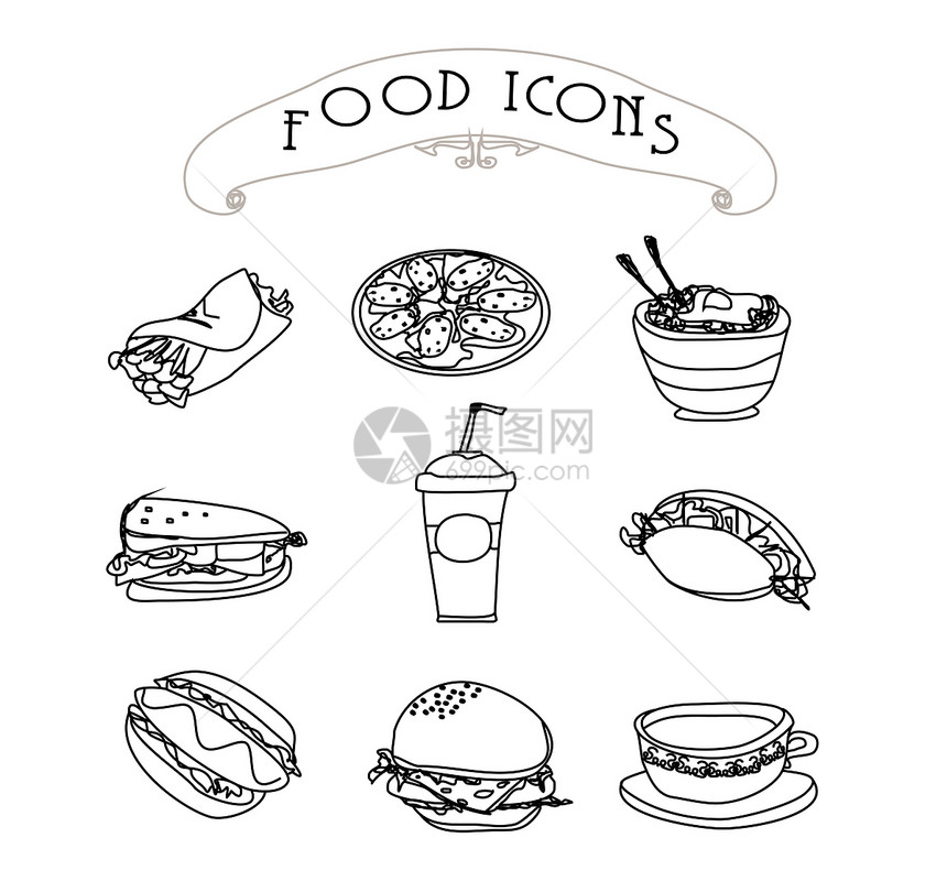 成套快餐食品香肠供给收费卡通片插图数字沙拉皮肤甜点厨房图片