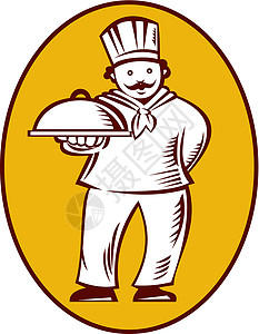 烧烤厨师和餐盘盘子男人工人食物拼盘木刻面包师食品男性背景图片