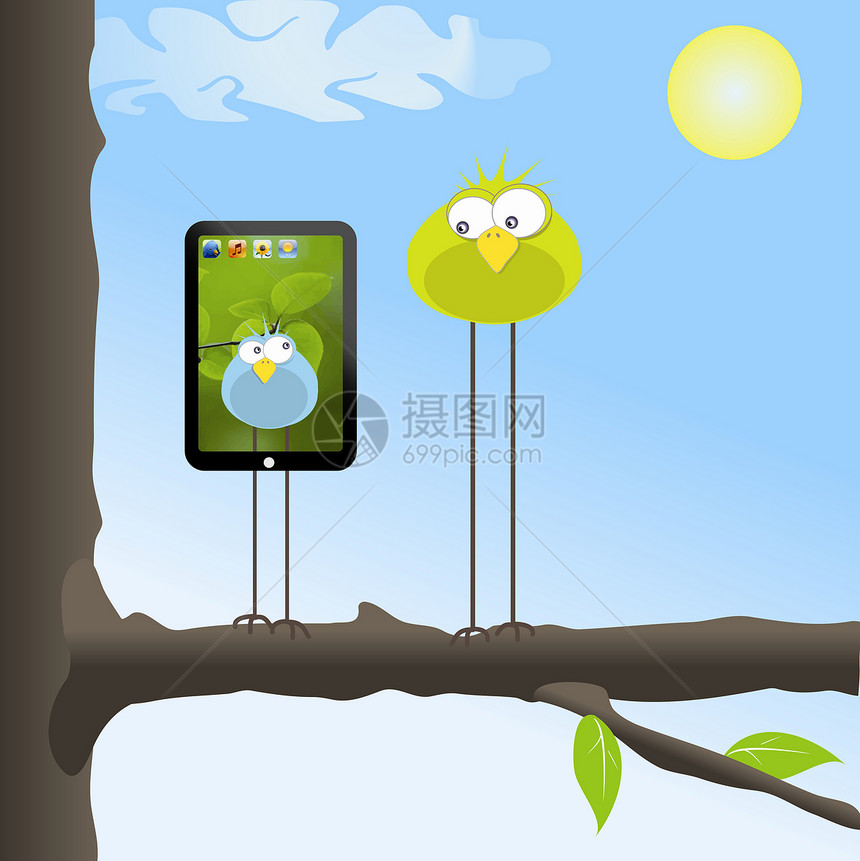 树上两只有趣的鸟日光晴天药片插图叶子棕色绿色互联网黄色电脑图片