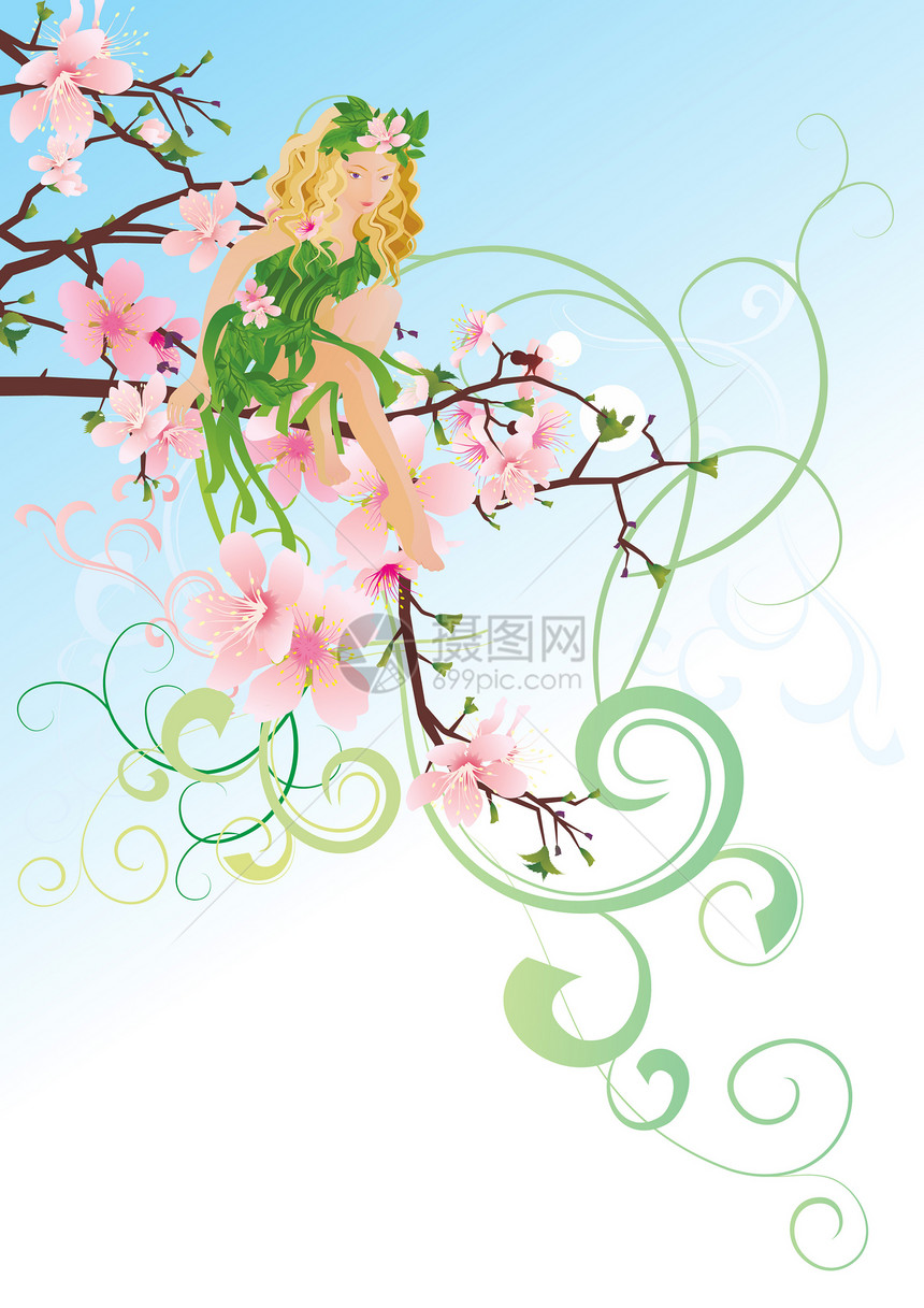 绿色金发小仙女坐在花朵樱桃树上图片