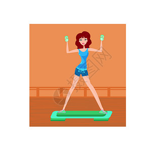 举哑铃胖女孩妇女用手举两只哑铃进行锻炼微笑娱乐练习肌肉闲暇健身房力量重量女性插图设计图片