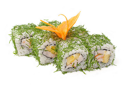 带鱼的寿司青菜绿色黄色菠萝白色食物背景图片