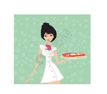 美丽的女人享受比萨饼蔬菜妻子帽子主菜饮食沙拉厨房服务员烹饪维生素设计图片
