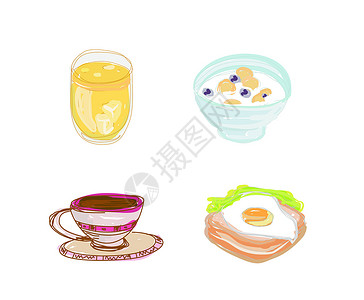 健康早餐套餐酸奶黄油食物薄片小麦饼子玻璃蛋糕插图面包插画