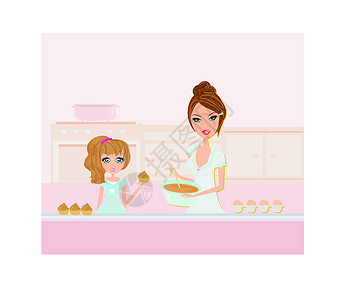 做饭的孩子开心妈妈帮女儿在厨房做饭的幸福母亲烹饪厨师午餐勺子孩子面团家庭插图面糊衣服设计图片