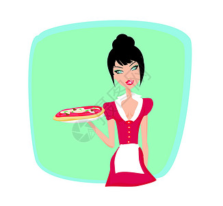 美丽的女人享受比萨饼女性妻子工作厨师快乐服务员主菜青年微笑维生素设计图片