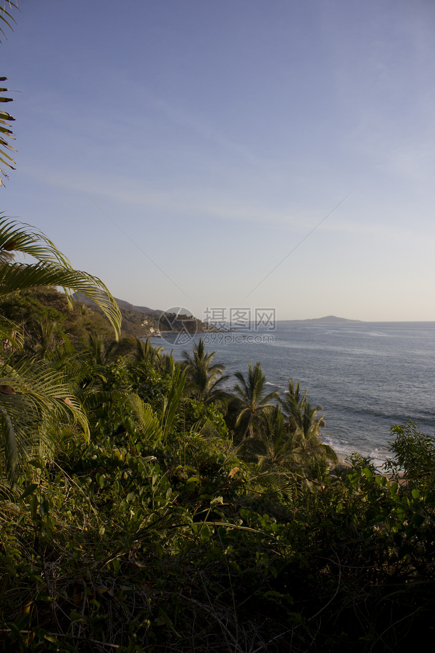 从丛林中的高处看大海海岸线气候旅行风光风景属地热带田园蓝色海滩图片