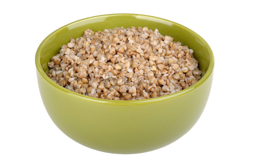 在绿碗里煮熟的小麦营养谷物绿色盘子棕色食物白色图片