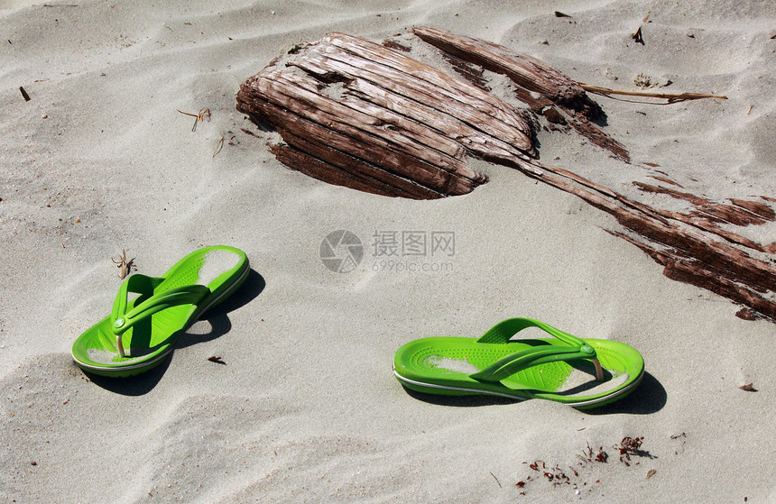 海滩上翻翻浮浮木木头丁字裤凉鞋太阳假期鞋类石灰绿绿色旅行图片
