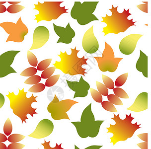 无缝图案 秋叶彩色插图卡通片季节绿色橙子黄色叶子红色背景图片