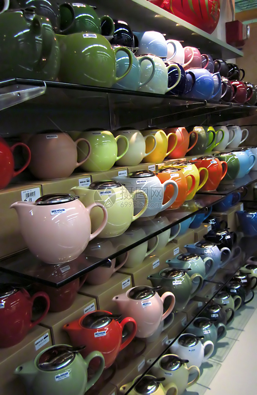 供出售茶壶杂货时间家庭购物店铺零售商烹饪销售营销栗色图片