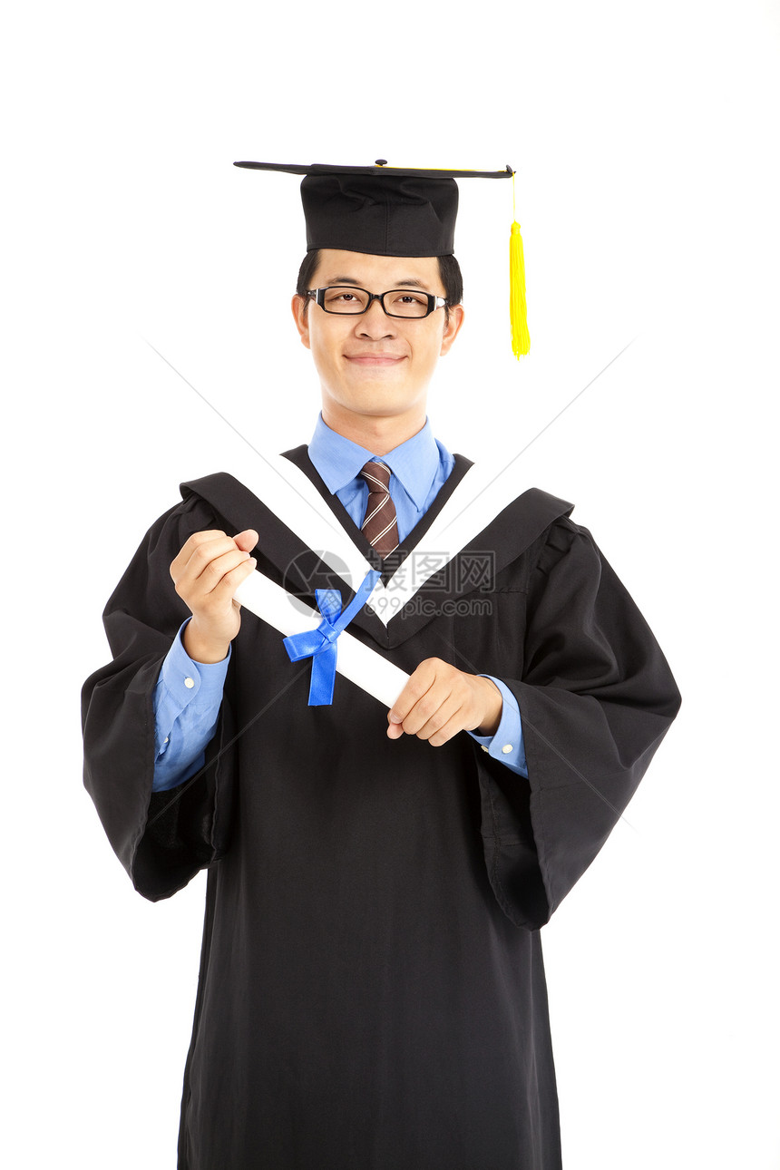 快乐毕业学生的肖像白色文凭多样性证书单身汉男人丝带教育滚动大学图片