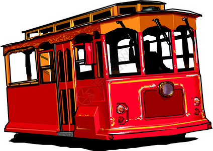 残旧旧电车红色历史艺术旅行机器司机有轨电车车辆引擎旅游插画