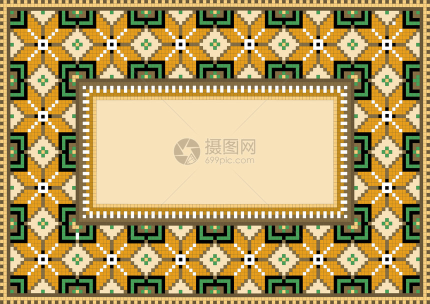 具有古代几何图案地毯的构成棕色插图桌布框架枕头骰子橙子绿色刺绣装饰品图片