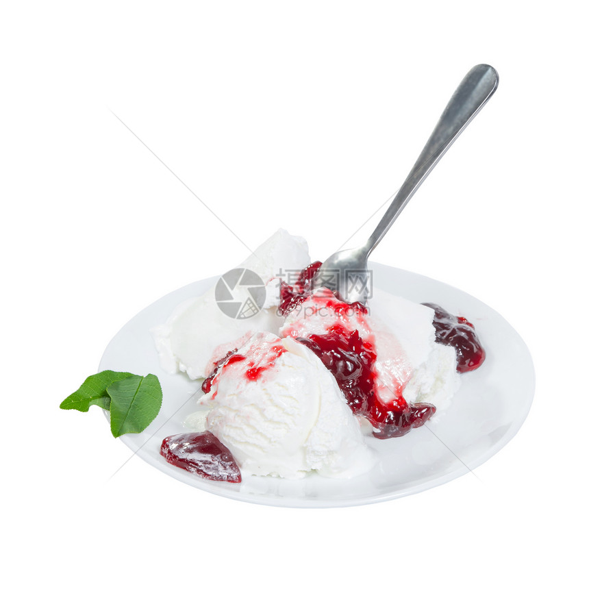 冰淇淋加勺子甜点小吃薄荷食物味道奶制品水果茶点叶子圣代图片