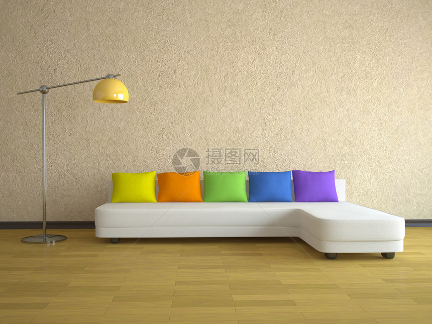 带有彩色枕头的沙发奢华木地板木头公寓风格时尚房子生活软垫建筑学图片
