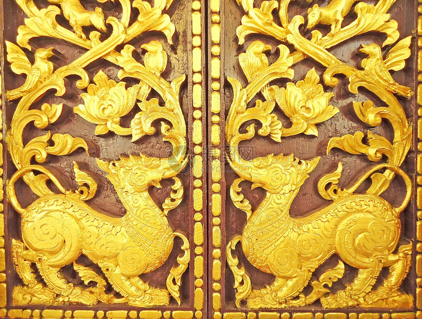 泰国艺术窗口绘画狮子金子寺庙壁画堡垒场景城堡动物传统图片