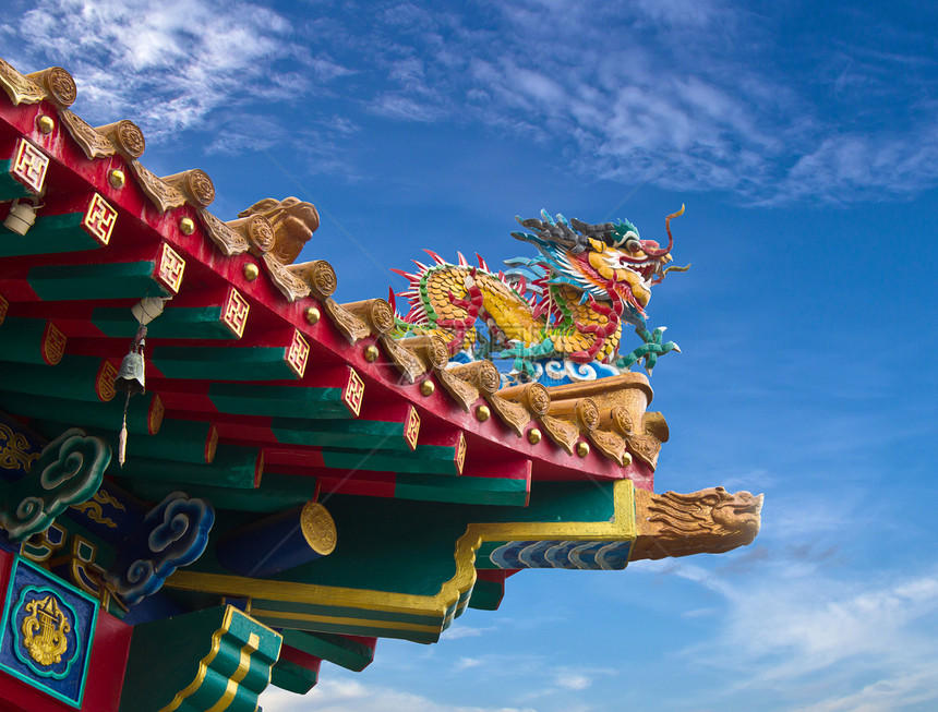 中国寺庙楼顶的龙雕像旅行宗教植物建筑学草地场景广场建筑天空历史图片