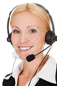 在白色背景下 愉快的呼叫中心操作员工人营业员秘书耳机营销人士代理人说话推销接待员工作高清图片素材