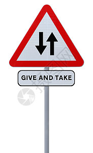 双向箭头给予和接受红色箭头标志警告三角形安全概念合作白色交通背景