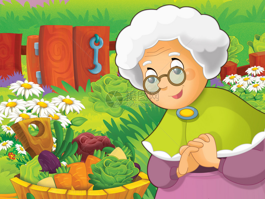 在农场蔬菜教育儿童插画墙纸农田水果篮子祖母奶奶村庄栅栏花朵卡通片图片