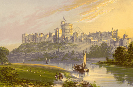 温莎城堡水彩绘画皇家日出英语地标住所日落景点国际背景图片