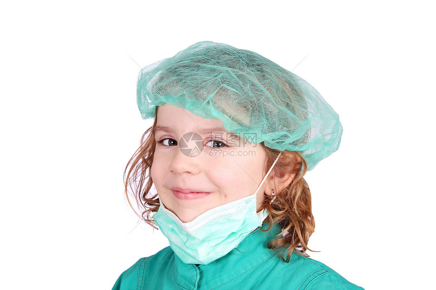 穿绿色制服的女医生流感卫生疾病医院帽子童年工作室女儿安全预防图片
