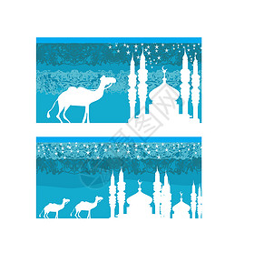 清真寺尖塔骆驼穿过沙漠 看到阿拉伯的天线设计图片
